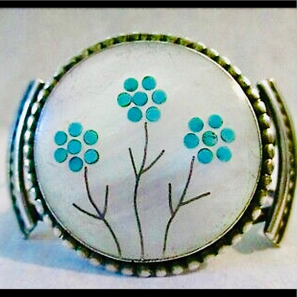 2XHP💕Vintage Zuni MOP Turquoise Sterling Bracelet - Picture 5 of 11